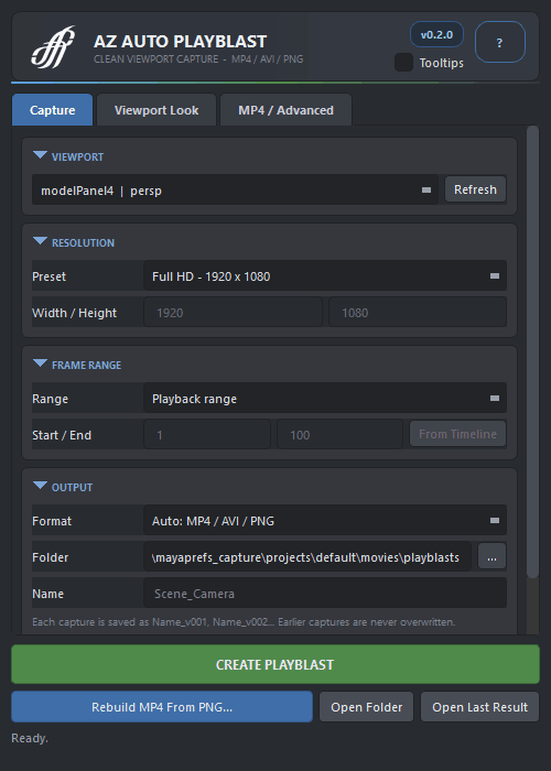The AZ Auto Playblast window: defaults, then folder, name, range and format set.