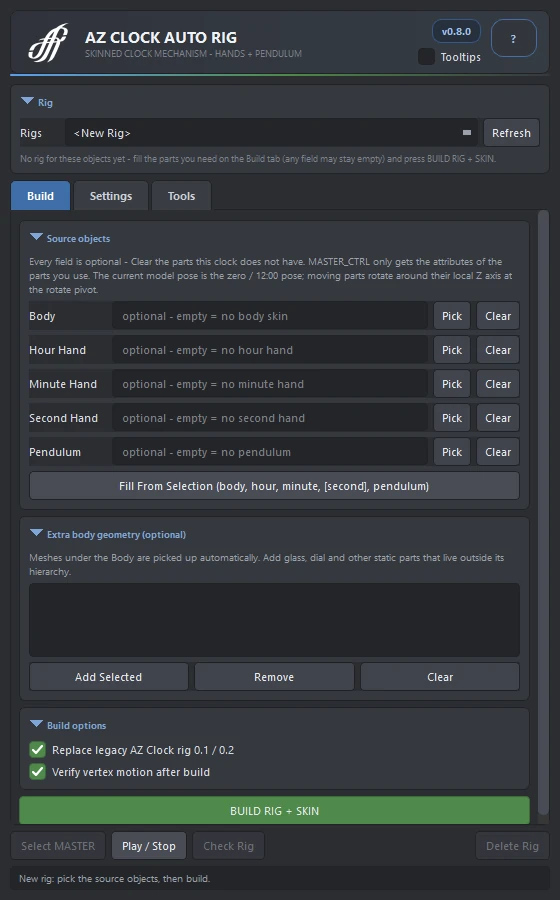 The Build tab: an empty form for a new rig, the source fields filled from the selection with the dial in Extra body geometry, then the status line reporting the built rig with all checks passed.