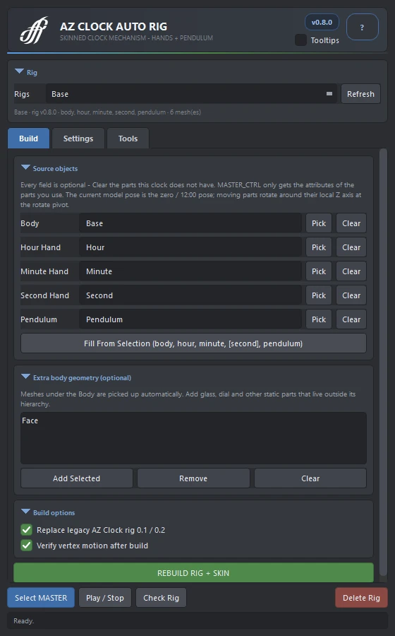 The AZ Clock Auto Rig window: the Build tab with the source fields, the Settings tab with clock, tick, second hand, pendulum and display settings, and the Tools tab with the check log.