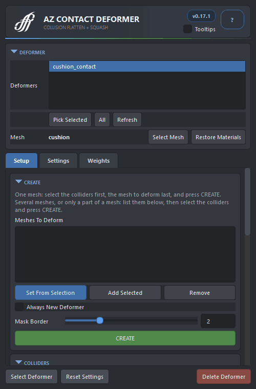 The AZ Contact Deformer window: the Setup tab with the deformer and its collider, then the Settings and Weights tabs.