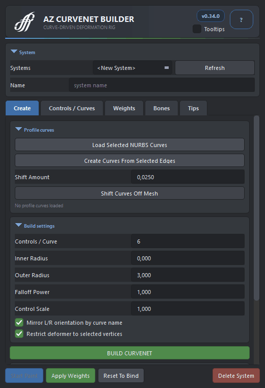 The AZ Curvenet Builder window: empty, profile curves loaded, system built, then the Controls and Weights tabs.