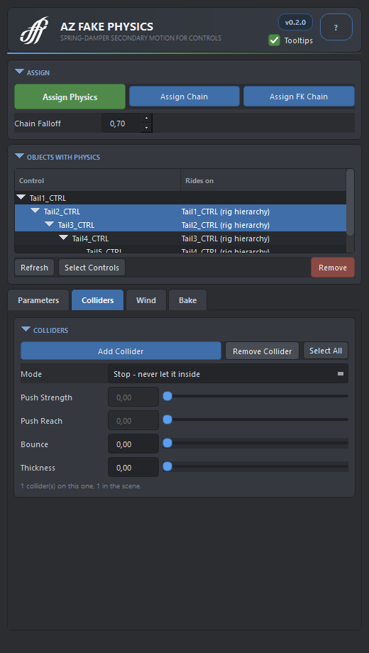 The Colliders tab: Add Collider, the Stop or Push mode, push strength and reach, bounce and thickness.