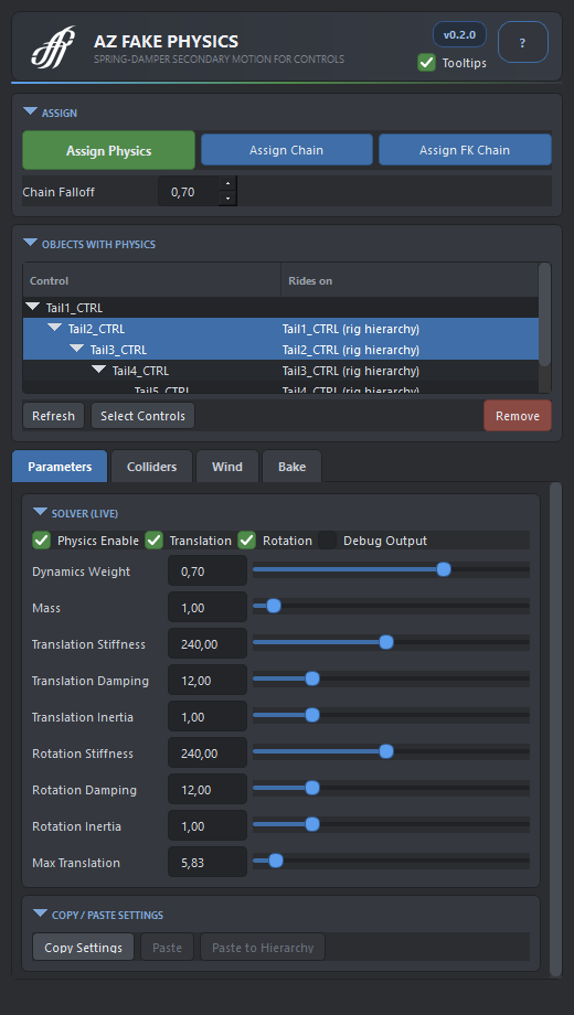 The AZ Fake Physics window: the Assign buttons and chain falloff at the top, the tree of controls with physics, and the Parameters tab with live solver settings.