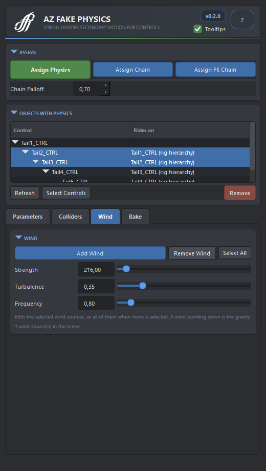 The Wind tab: Add Wind, strength, turbulence and frequency of the wind sources.
