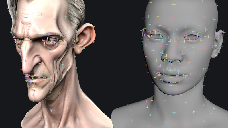 The scanned head on the left and the generic base head on the right, both covered with marker locators.