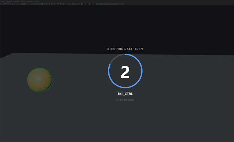 The viewport dimmed by the countdown overlay with the number, the name of the recorded control and the hint that Esc or STOP cancels.